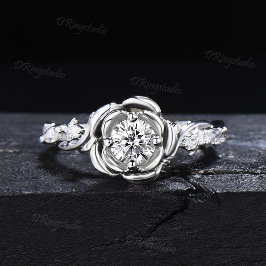 Rose Blossom Ring 5mm Round Moissanite Engagement Ring White Gold Floral Wedding Ring Nature Inspired Twig Leaf Moissanite Ring Promise Gift