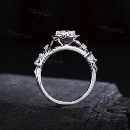 Rose Blossom Ring 5mm Round Moissanite Engagement Ring White Gold Floral Wedding Ring Nature Inspired Twig Leaf Moissanite Ring Promise Gift