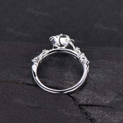 Rose Blossom Ring 5mm Round Moissanite Engagement Ring White Gold Floral Wedding Ring Nature Inspired Twig Leaf Moissanite Ring Promise Gift