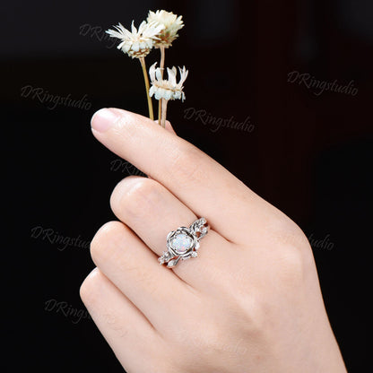 Rose Flower White Opal Engagement Ring Set 5mm Round Moissanite Bridal Set Silver Floral Ring Nature Inspired Entangled Vine Ring Women Gift