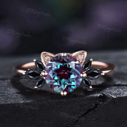 Cat Engagement Ring 7mm Round Alexandrite Ring Moonstone Cluster Wedding Ring Rose Gold Cat Ring June Birthstone Women Jewelry for Cat Lover