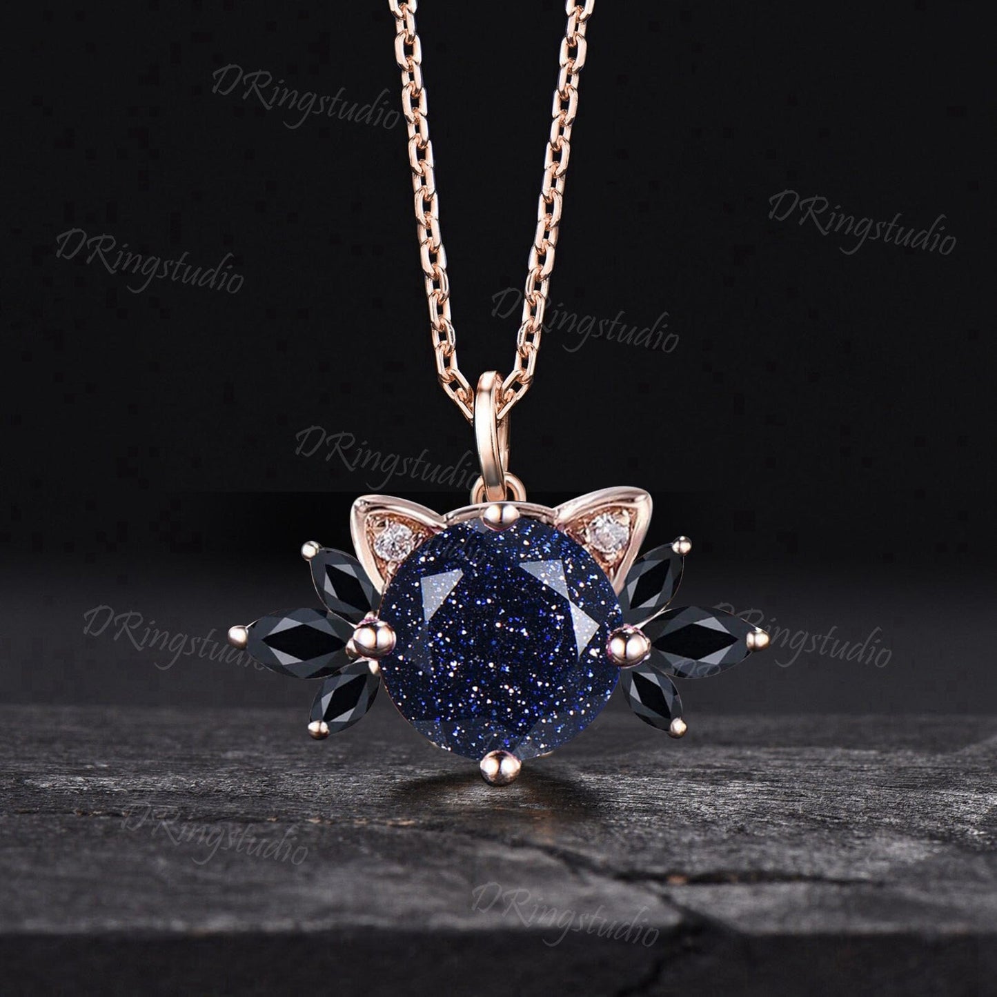 Cute Cat Round Blue Sandstone Necklace Unique Kitten Starry Goldstone Moonstone Pendant Rose Gold Cat Necklace Proposal Gifts For Cat Lovers