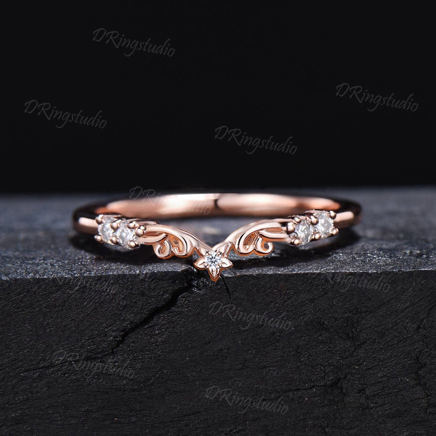 14k Rose Gold Round Moissanite Wedding Band Flower Matching Band Chevron Moissanite Ring Curved Stackable band Anniversary Band Gift for Her