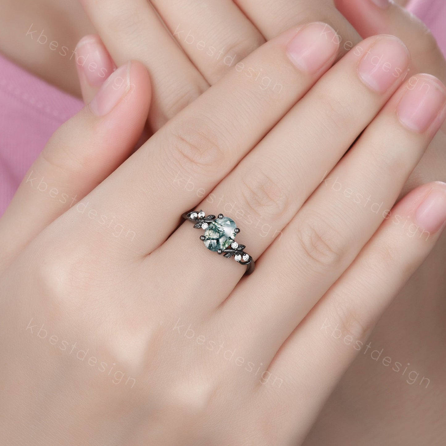Vintage oval moss agate engagement ring set black gold twig leaf moissanite ring nature branch ring unique art deco bridal wedding ring set