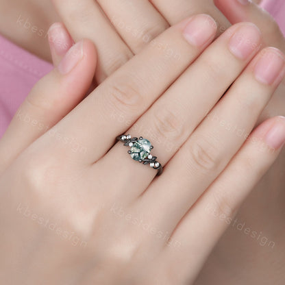 Vintage oval moss agate engagement ring set black gold twig leaf moissanite ring nature branch ring unique art deco bridal wedding ring set