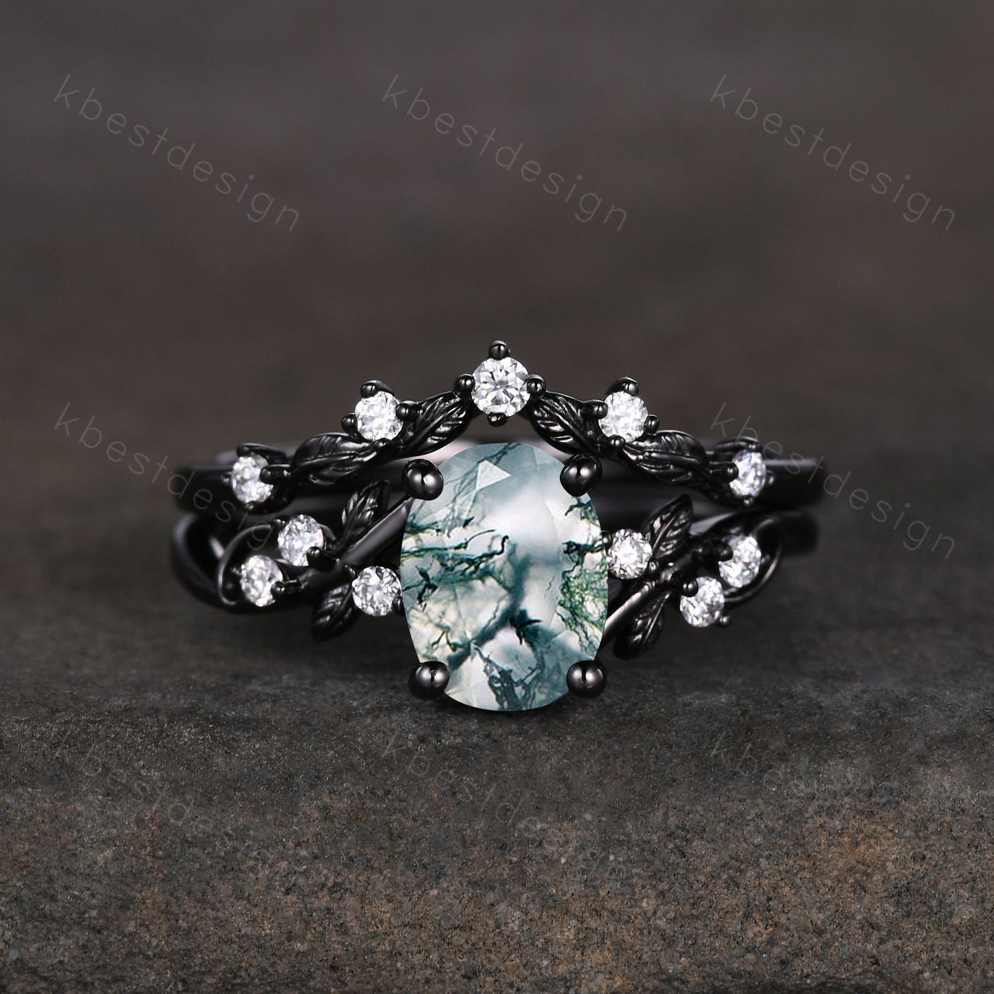 Vintage oval moss agate engagement ring set black gold twig leaf moissanite ring nature branch ring unique art deco bridal wedding ring set