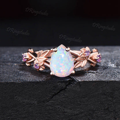 Teardrop White Opal Engagement Ring Set Twig Leaf Vine Amethyst Wedding Ring Rose Gold Fire Opal Bridal Set October Birthstone Gifts for Her