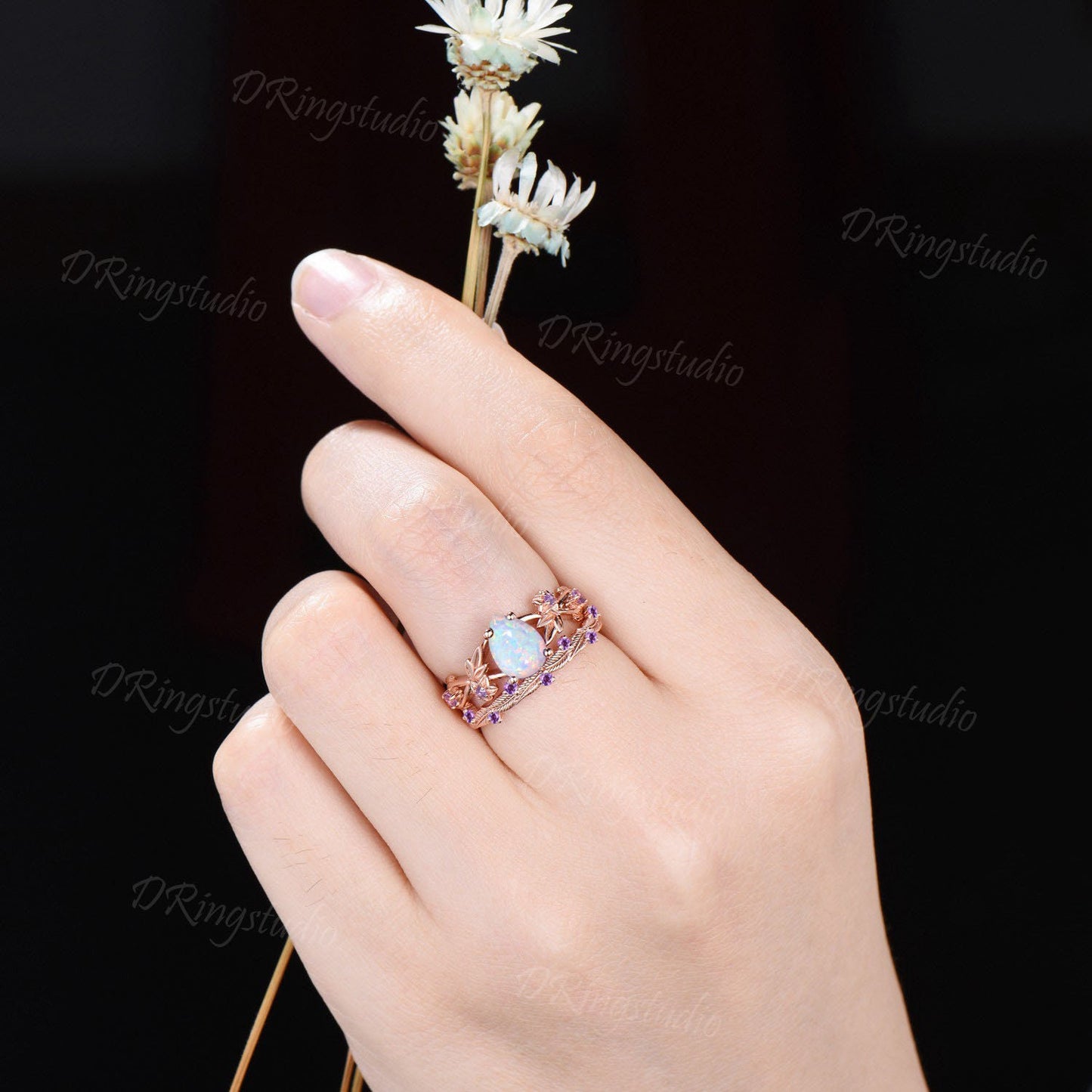 Teardrop White Opal Engagement Ring Set Twig Leaf Vine Amethyst Wedding Ring Rose Gold Fire Opal Bridal Set October Birthstone Gifts for Her