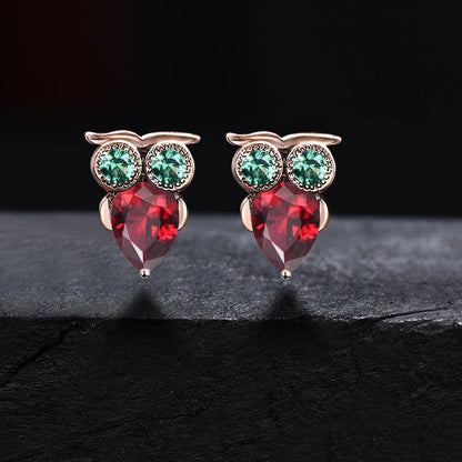 0.5ct Pear Natural Garnet Wedding Earrings Rose Gold Emerald Owl Stud Earrings Animal Gemstone Earrings January Birthstone Anniversary Gifts