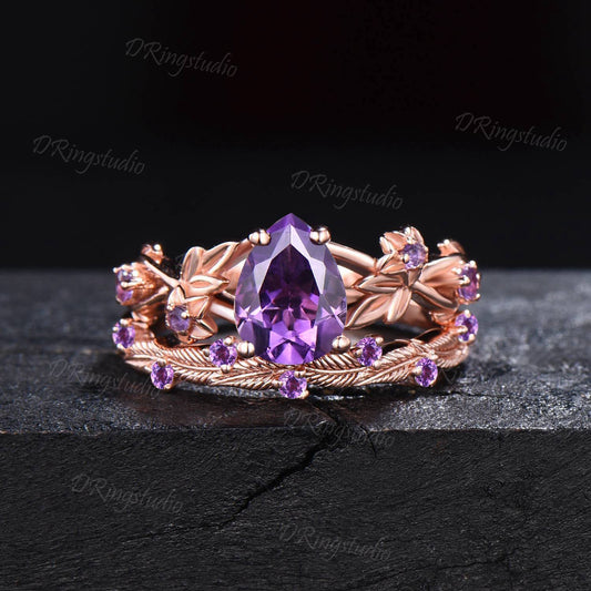 Teardrop Cut Amethyst Engagement Ring Set Leaf Vine Amethyst Bridal Set Nature Inspired Purple Crystal Ring February Birthstone Promise Gift