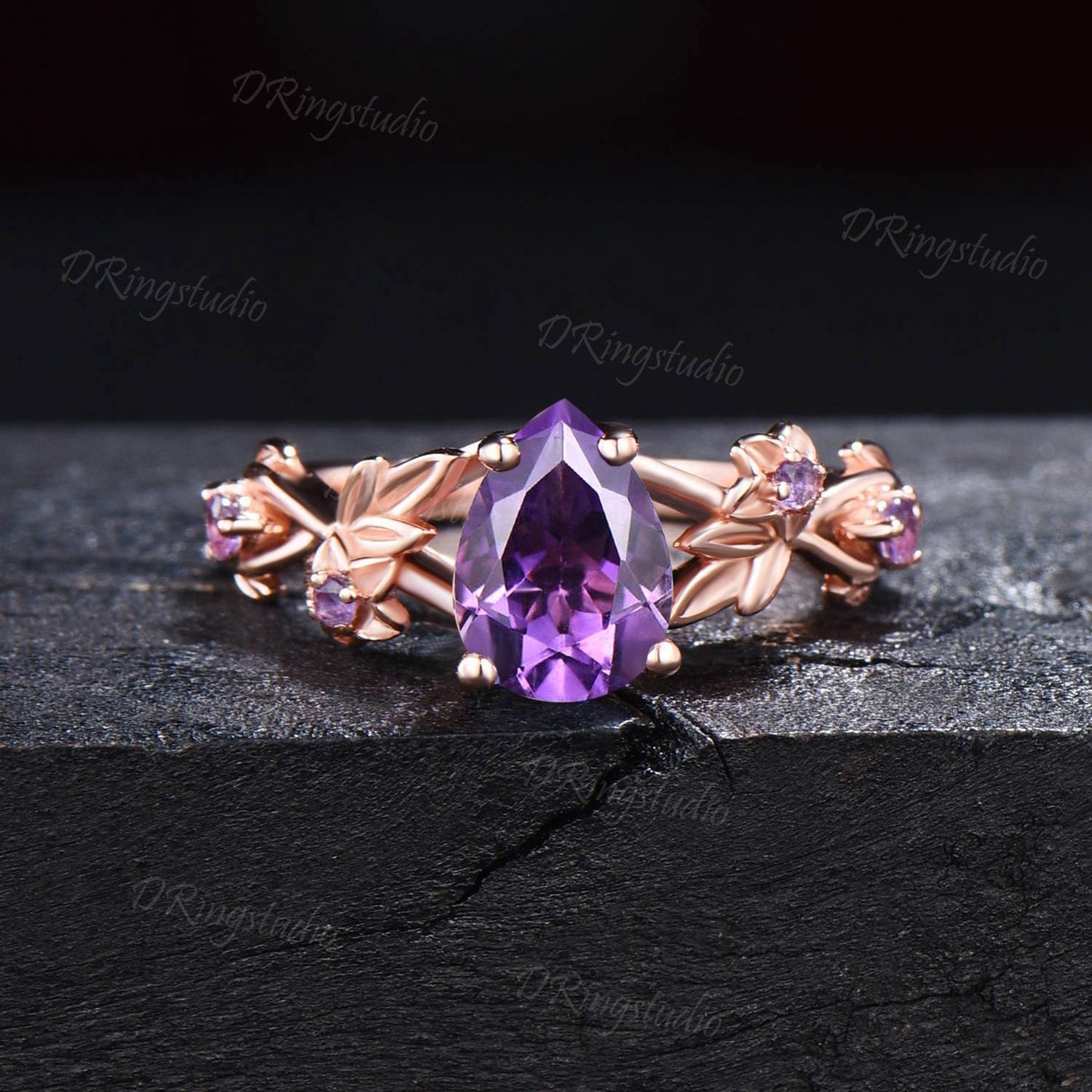 Teardrop Cut Amethyst Engagement Ring Set Leaf Vine Amethyst Bridal Set Nature Inspired Purple Crystal Ring February Birthstone Promise Gift