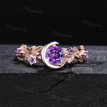 Black Gold Engagement Ring Crescent Moon Round Amethyst Ring Branch Leaf Wedding Ring Purple Crystal Ring February Birthstone Proposal Gifts