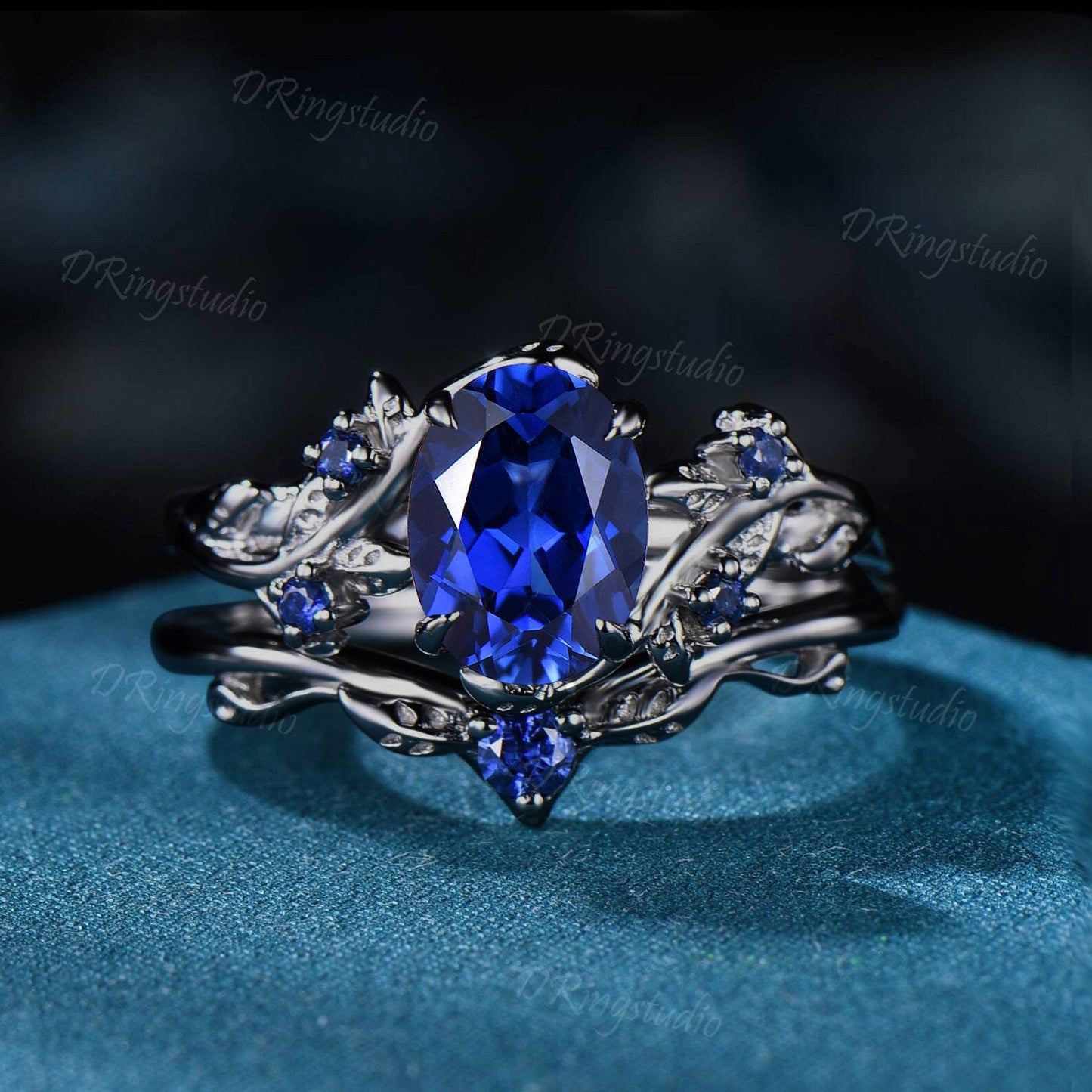 Nature Inspired 1.5ct Oval Cut Blue Sapphire Engagement Ring Black Gold Wedding Ring Twig Vine Sapphire Bridal Set September Birthstone Gift