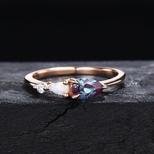 Teardrop Alexandrite Opal Engagement Ring Rose Gold Moissanite 3 Stone Ring Stacking band East West Ring Birthstone Anniversary Gift for Her