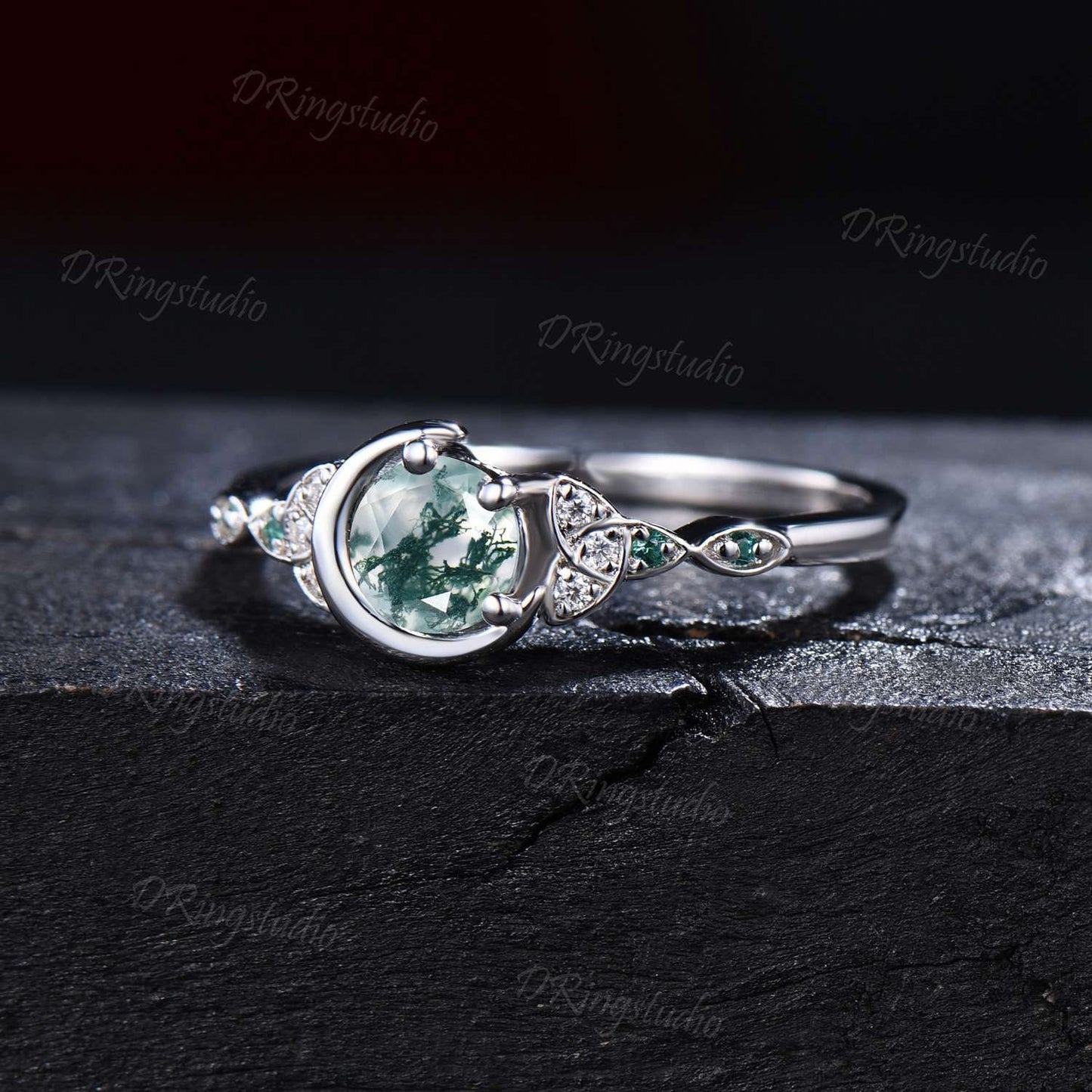 Celtic Engagement Ring Round Natural Moss Agate Wedding Ring Crescent Moon Green Moss Ring Unique Trinity Knot Moissanite Ring Proposal Gift