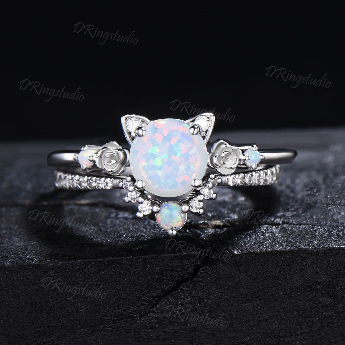 Dainty 14k Yellow Gold Cat Wedding Ring Kitten 1ct Round White Opal Engagament Ring Unique Fire Opal Flower Wedding Ring Gift For Daughter