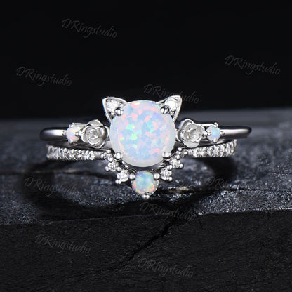 Dainty 14k Yellow Gold Cat Wedding Ring Kitten 1ct Round White Opal Engagament Ring Unique Fire Opal Flower Wedding Ring Gift For Daughter