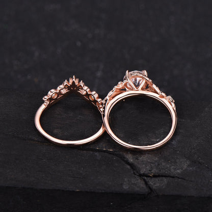 Nature Inspired Moissanite Engagement Ring Rose Gold Floral Leaf Kite Cut Moissanite Bridal Set Half Eternity Celtic Moon Ring Proposal Gift