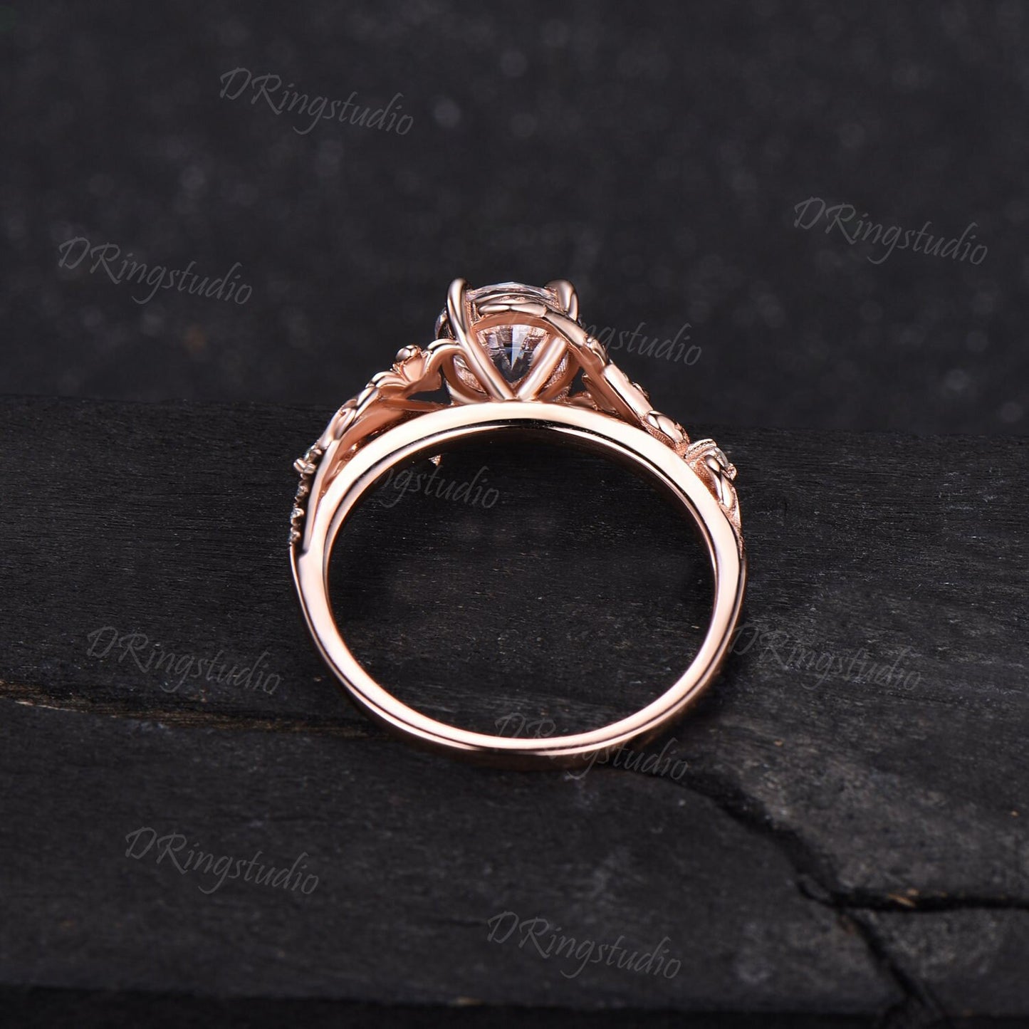 Nature Inspired Moissanite Engagement Ring Rose Gold Floral Leaf Kite Cut Moissanite Bridal Set Half Eternity Celtic Moon Ring Proposal Gift