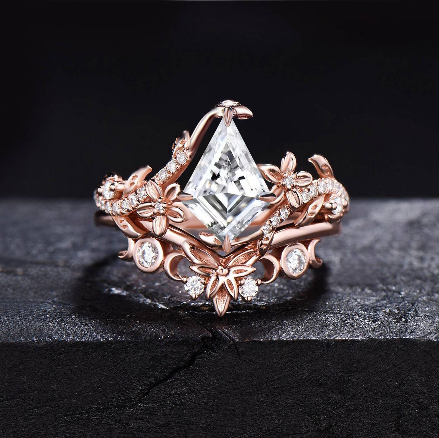 Nature Inspired Moissanite Engagement Ring Rose Gold Floral Leaf Kite Cut Moissanite Bridal Set Half Eternity Celtic Moon Ring Proposal Gift