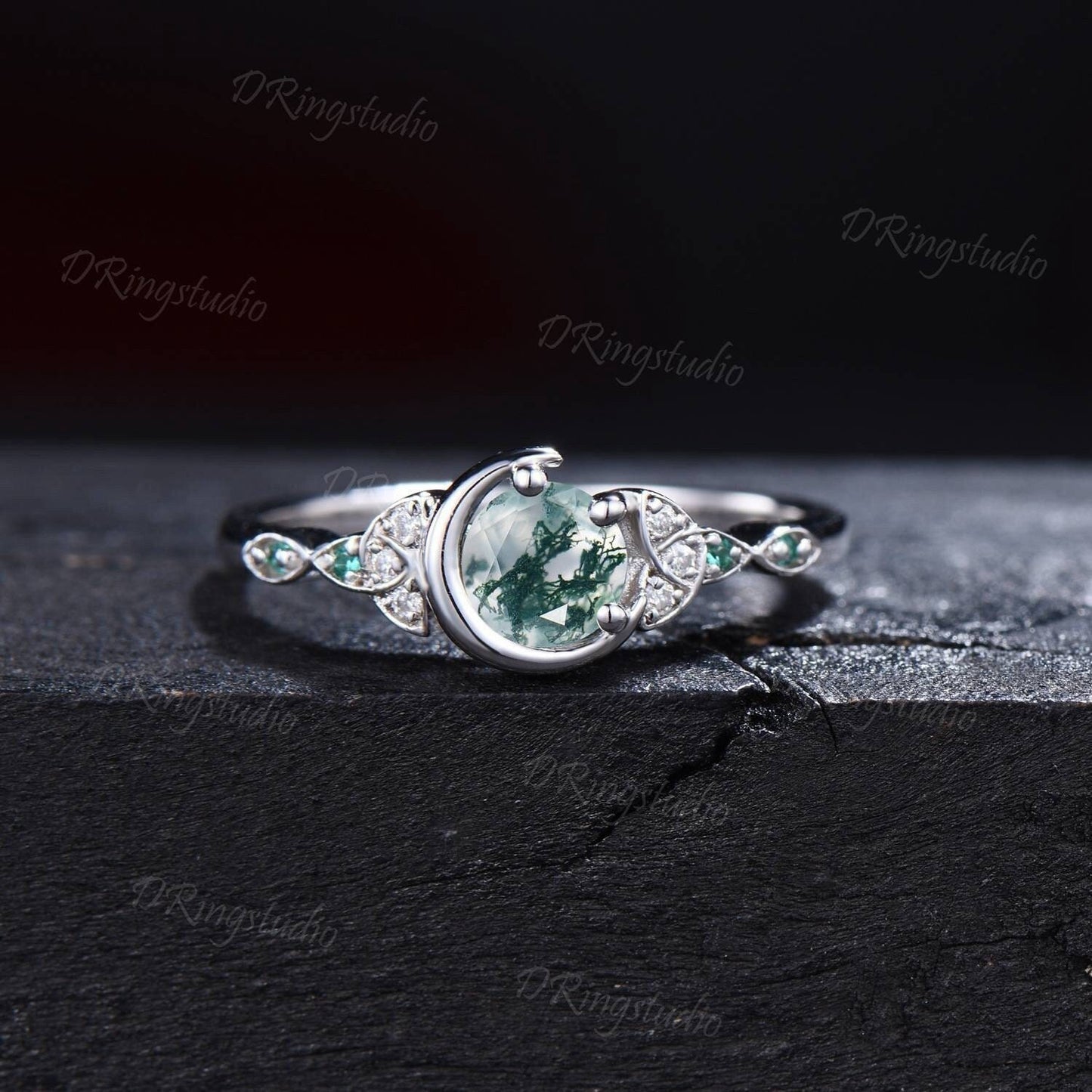 Celtic Engagement Ring Round Natural Moss Agate Wedding Ring Crescent Moon Green Moss Ring Unique Trinity Knot Moissanite Ring Proposal Gift