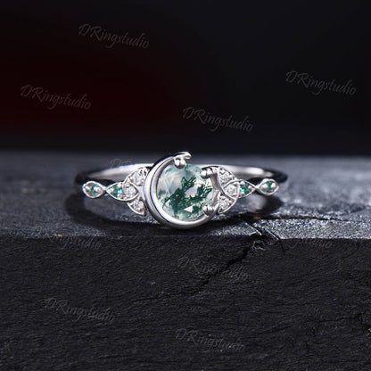 Celtic Engagement Ring Round Natural Moss Agate Wedding Ring Crescent Moon Green Moss Ring Unique Trinity Knot Moissanite Ring Proposal Gift