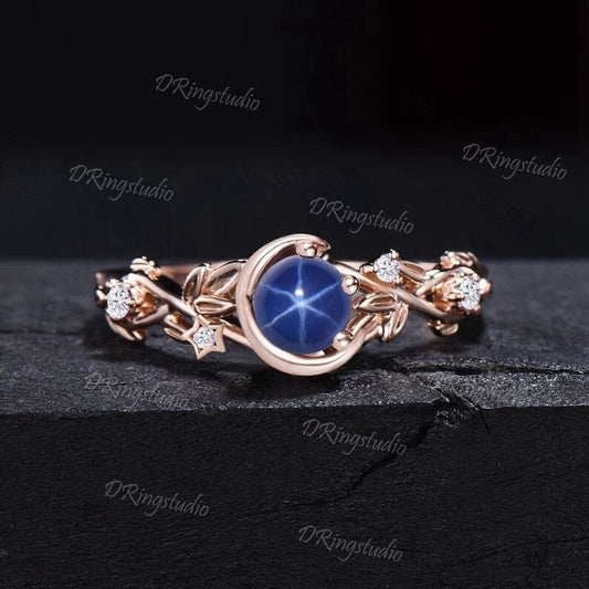 Crescent Moon Round Star Sapphire Engagement Ring 14k Rose Gold Leaf Vine Starry Sky Star Sapphire Wedding Ring Leaves Ring Anniversary Gift