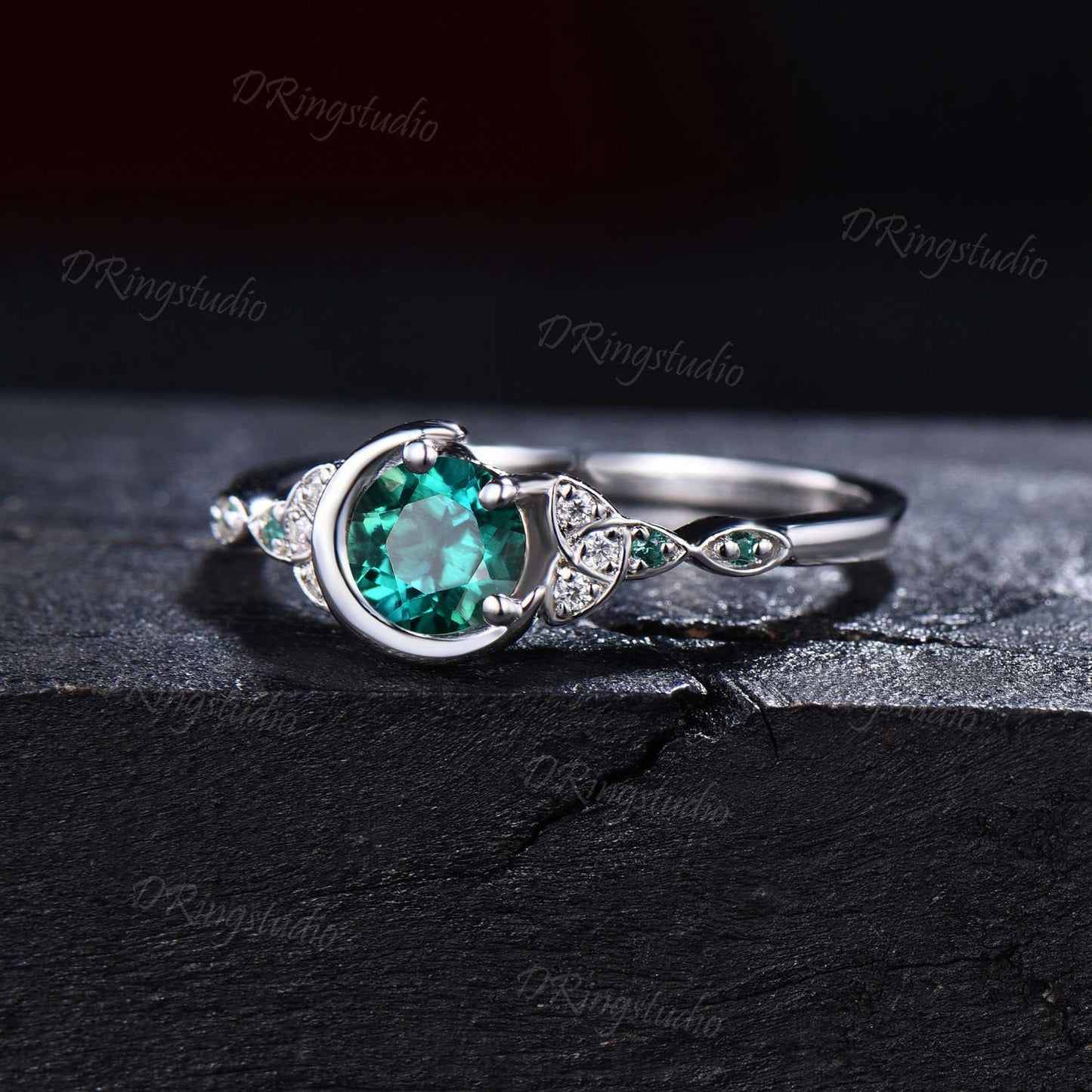 5mm Round Cut Emerald Engagement Ring Unique Celtic Knot Moissanite Ring Crescent Moon Green Emerald Wedding Ring May Birthstone Women Gifts