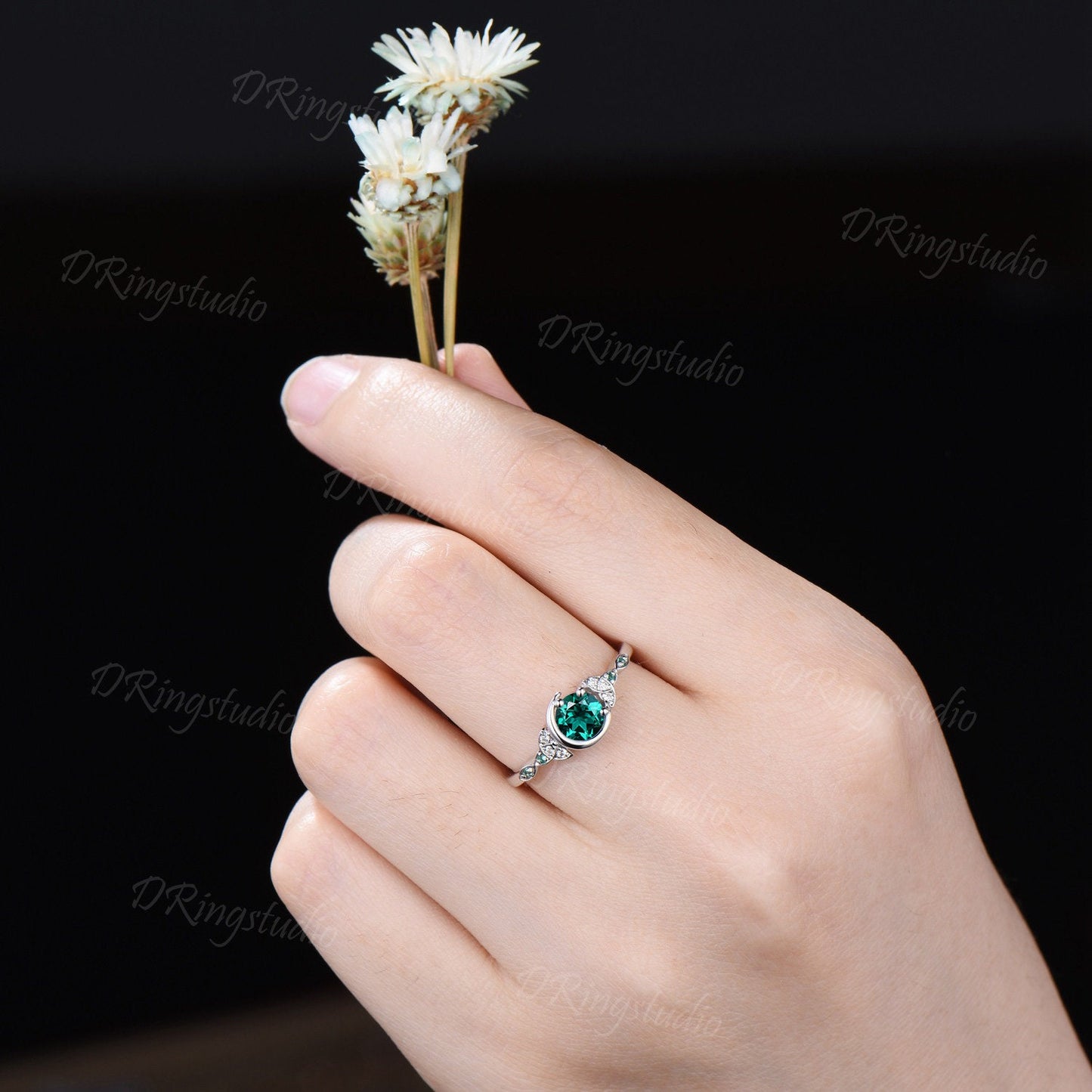 5mm Round Cut Emerald Engagement Ring Unique Celtic Knot Moissanite Ring Crescent Moon Green Emerald Wedding Ring May Birthstone Women Gifts