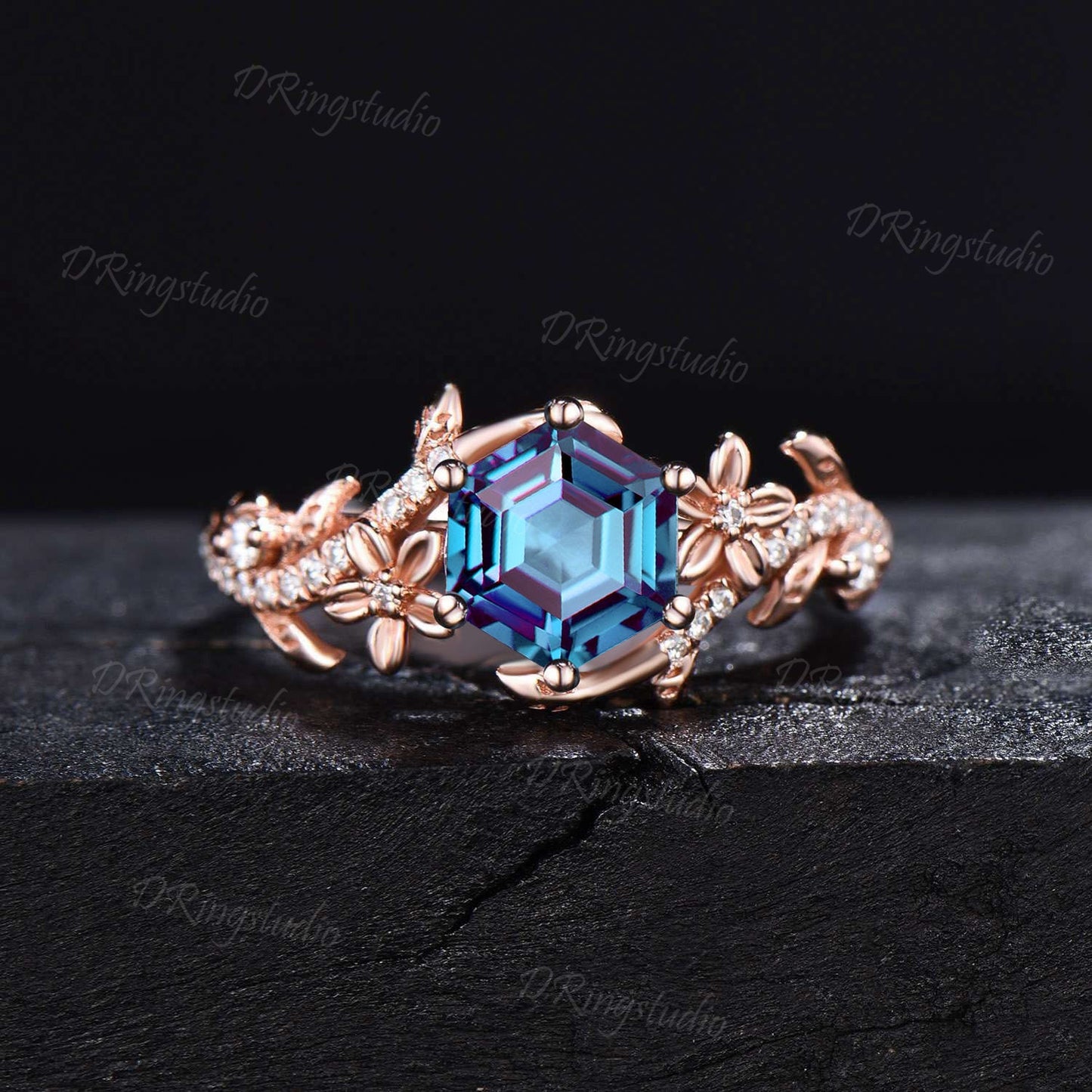 Branch Leaf Engagement Ring Set Nature Style Hexagon Alexandrite Bridal Set Celtic Moon Moissanite Cluster Ring June Birthstone Jewelry Gift