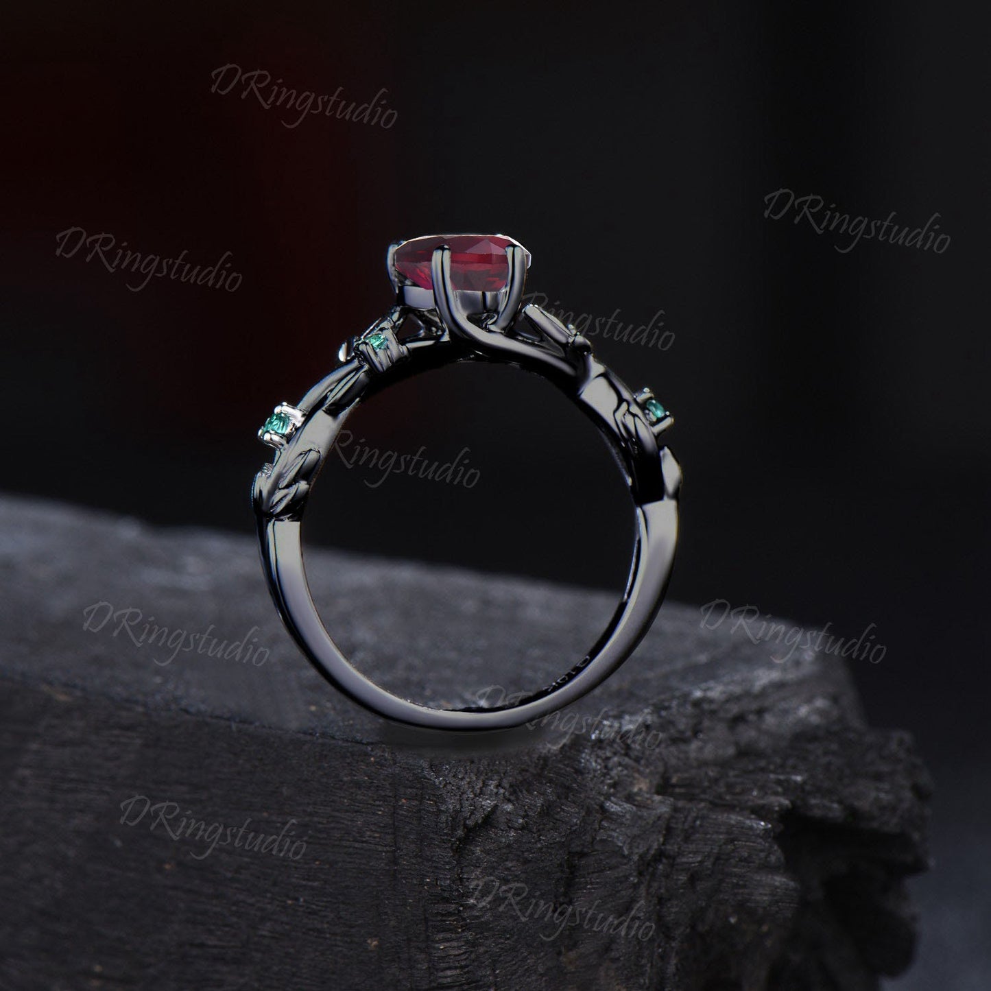 1.25ct Pear Ruby Engagement Ring Nature Inspired Branch Vine Emerald Wedding Ring Black Gold Leaves Ring July Birthstone Anniversary Ring