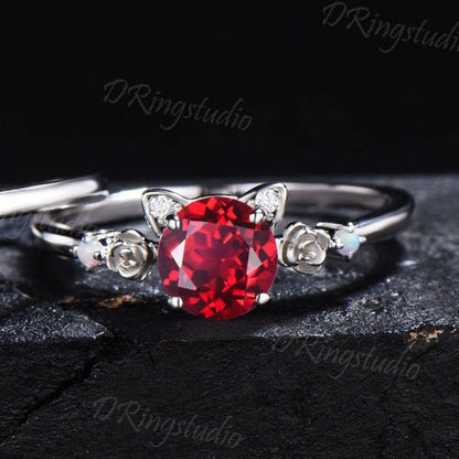 Vintage Red Ruby Cat Engagement Ring Set 1CT Round Red Gemstone Wedding Ring Opal Floral Bridal Set Sterling Silver Kitten Ring For Daughter