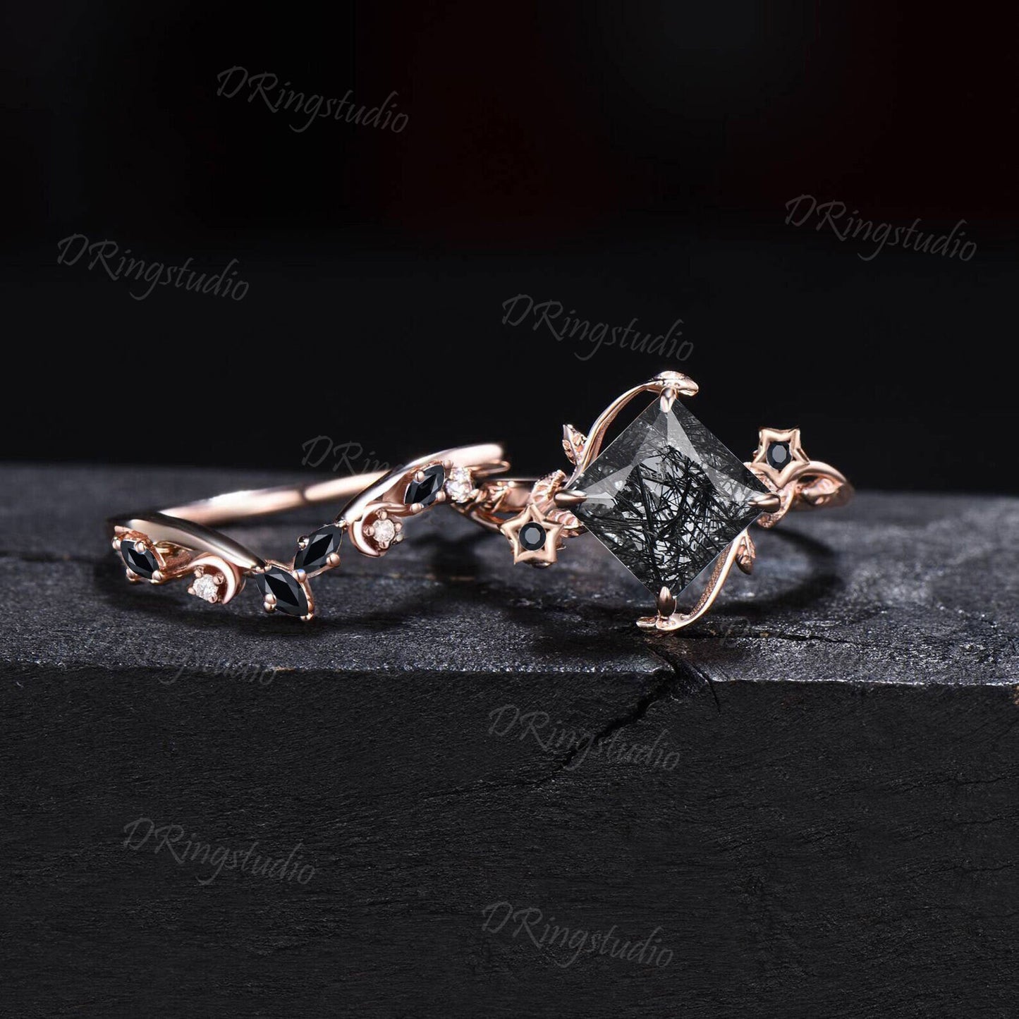 Silver Natural Black Rutilated Quartz Bridal Ring Set Moon Star Design Black Crystal Engagement Ring Black Spinel Wedding Ring Proposal Gift