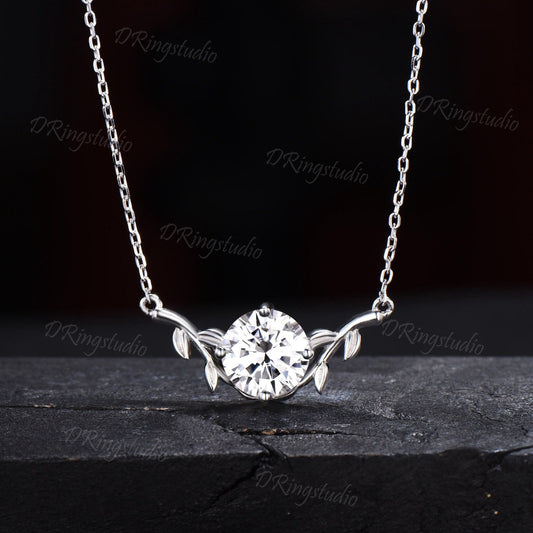 IGI Certificate Lab Grown Diamond Necklace 8mm Round Diamond Pendant Branch Leaf Solitaire Necklace April Birthstone Jewelry Wedding Gift