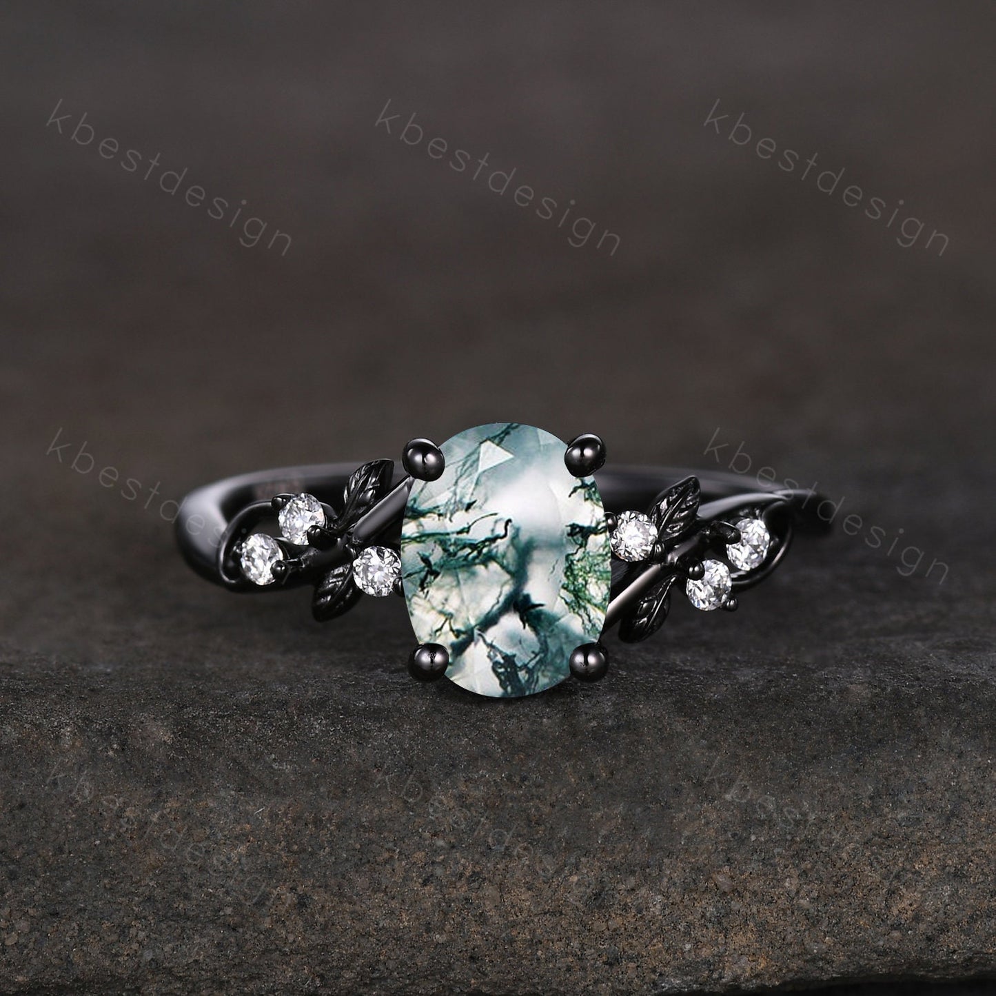 Vintage oval moss agate engagement ring set black gold twig leaf moissanite ring nature branch ring unique art deco bridal wedding ring set
