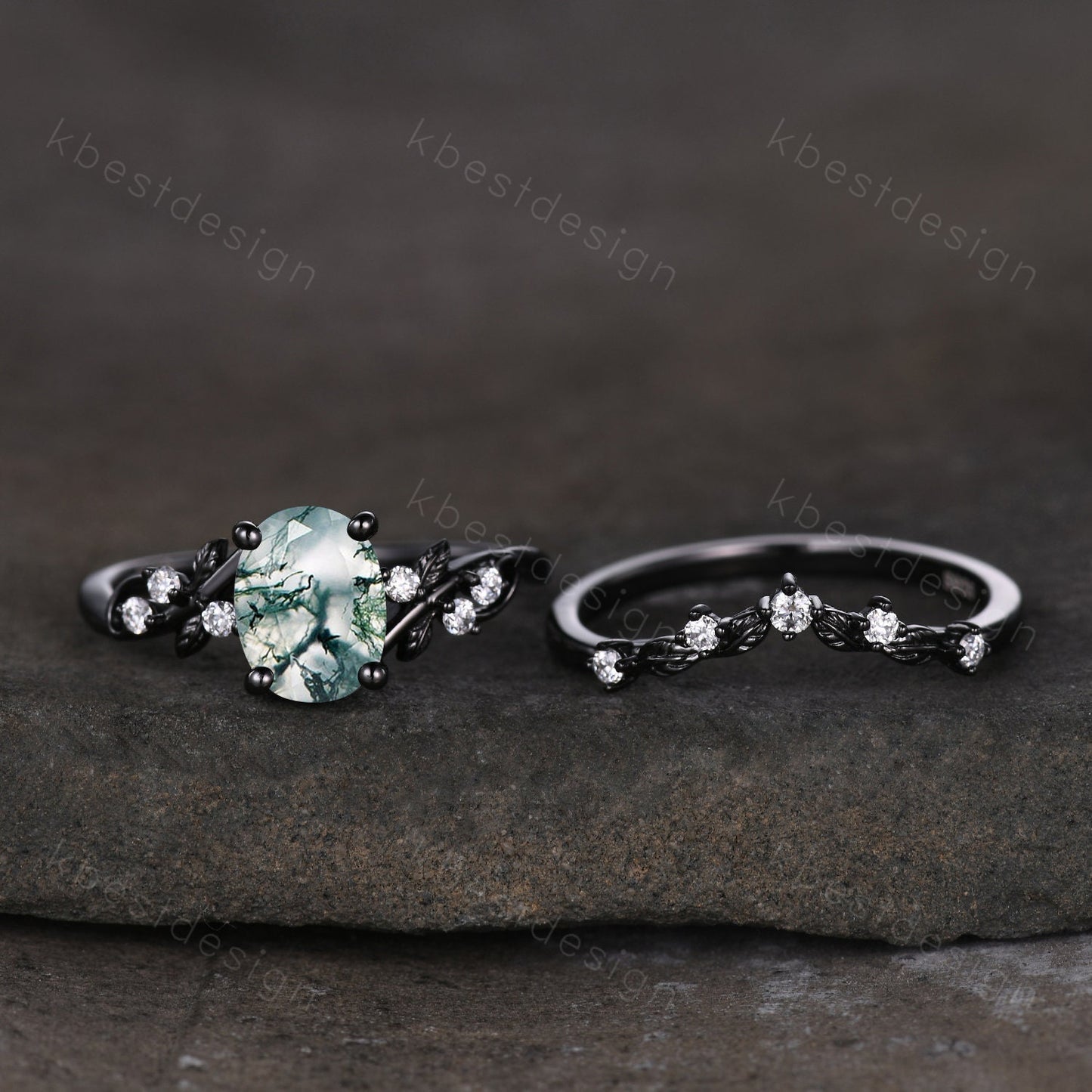 Vintage oval moss agate engagement ring set black gold twig leaf moissanite ring nature branch ring unique art deco bridal wedding ring set