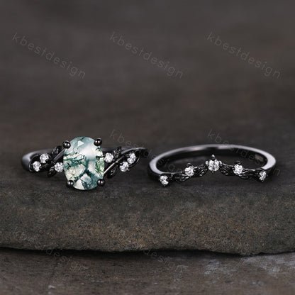 Vintage oval moss agate engagement ring set black gold twig leaf moissanite ring nature branch ring unique art deco bridal wedding ring set