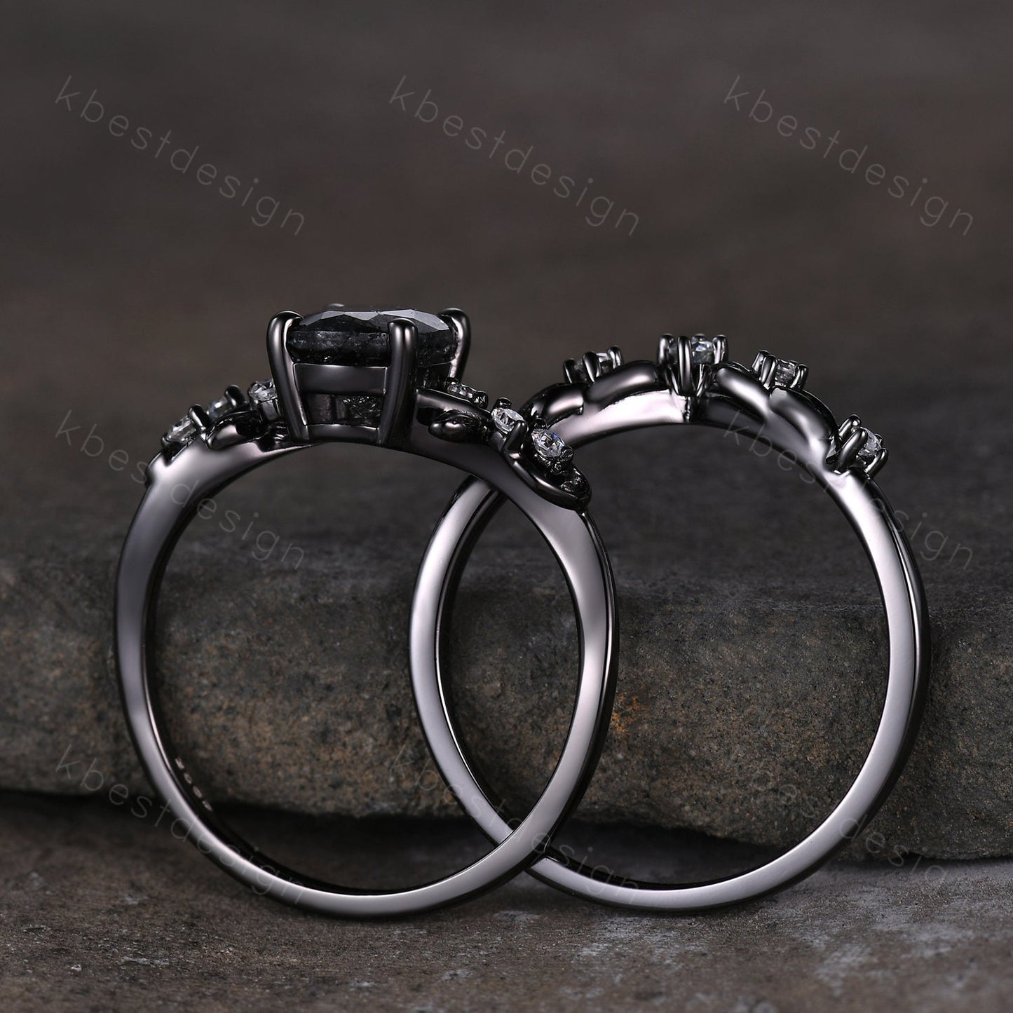Vintage oval moss agate engagement ring set black gold twig leaf moissanite ring nature branch ring unique art deco bridal wedding ring set