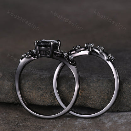 Vintage oval moss agate engagement ring set black gold twig leaf moissanite ring nature branch ring unique art deco bridal wedding ring set