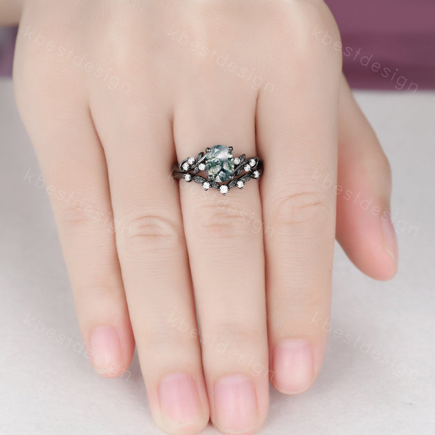 Vintage oval moss agate engagement ring set black gold twig leaf moissanite ring nature branch ring unique art deco bridal wedding ring set