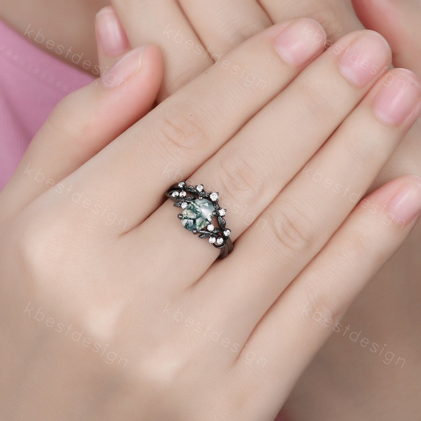 Vintage oval moss agate engagement ring set black gold twig leaf moissanite ring nature branch ring unique art deco bridal wedding ring set