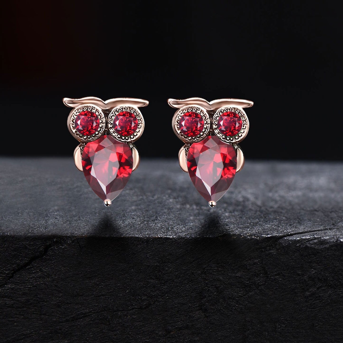 Dainty Rose Gold Owl Stud Earrings Teardrop Natural Garnet Wedding Earrings Red Gemstone Earrings January Birthstone Jewelry Owl Lover Gift