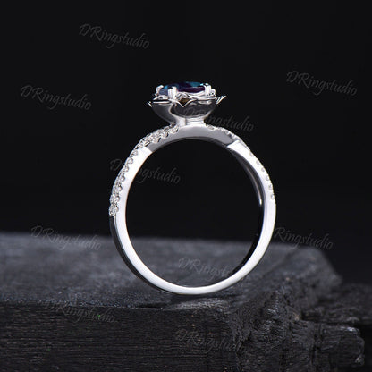 Rose Flower Engagement Ring Round Color-Change Alexandrite Wedding Ring 14k White Gold Infinity Twist Moissanite Ring Birthstone Women Gift