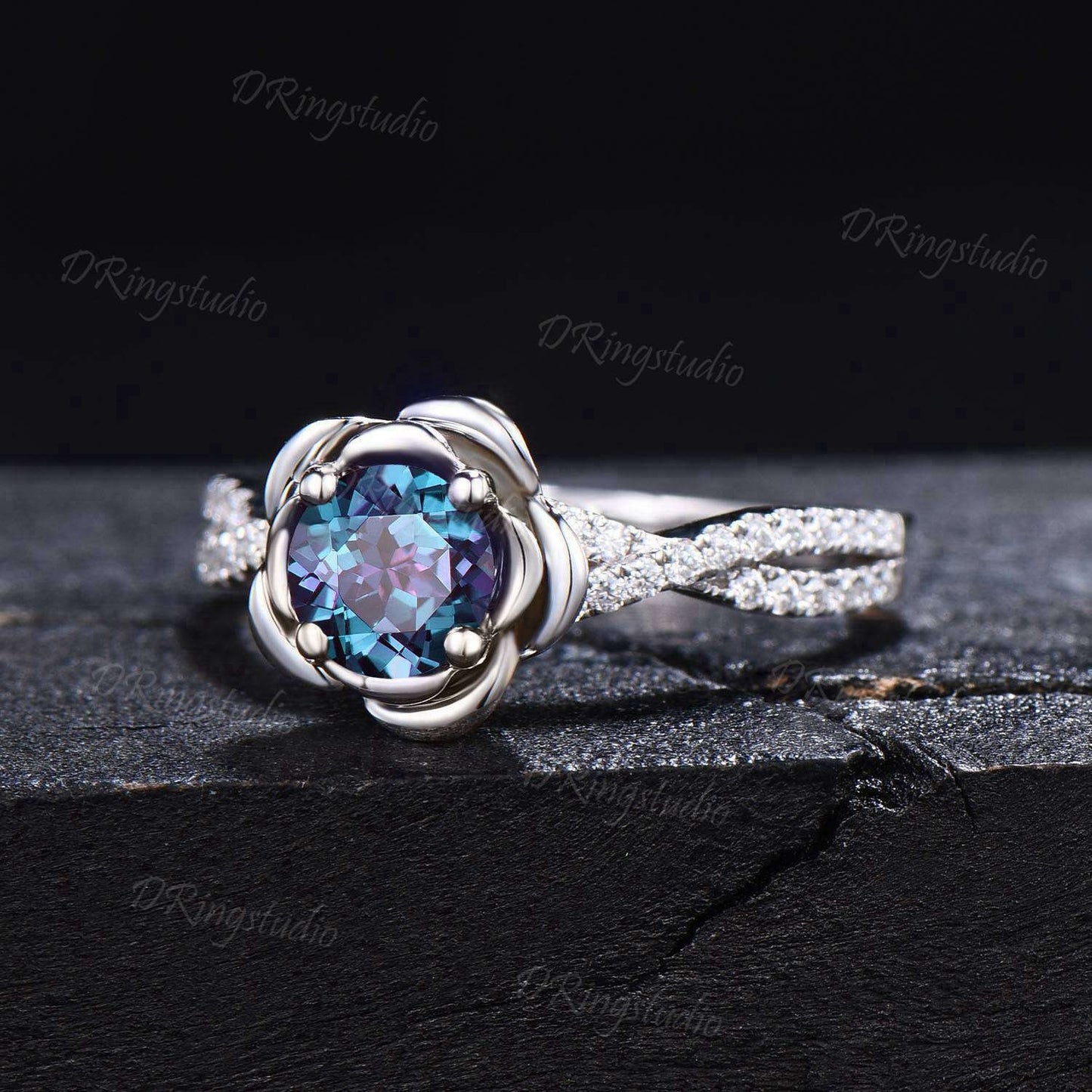 Rose Flower Engagement Ring Round Color-Change Alexandrite Wedding Ring 14k White Gold Infinity Twist Moissanite Ring Birthstone Women Gift