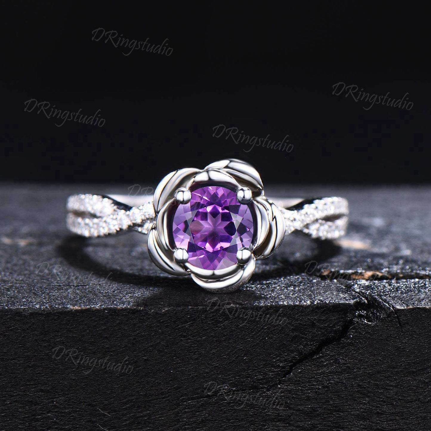 Floral 5mm Round Amethyst Engagement Ring White Gold Flower Ring Twisted Shank Moissanite Wedding Ring February Birthstone Anniversary Gift