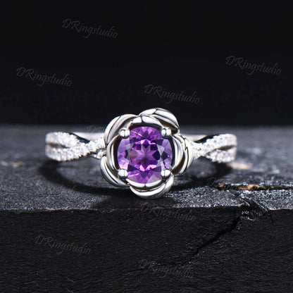 Floral 5mm Round Amethyst Engagement Ring White Gold Flower Ring Twisted Shank Moissanite Wedding Ring February Birthstone Anniversary Gift