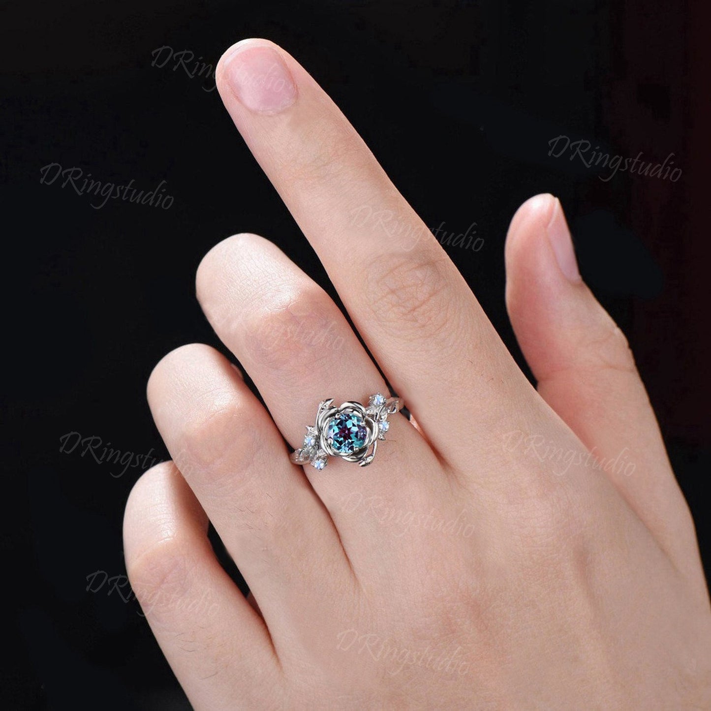 Rose Flower Engagement Ring 5mm Round Color-Change Alexandrite Wedding Ring Branch Leaf Moonstone Ring June Birthstone Jewelry Proposal Gift