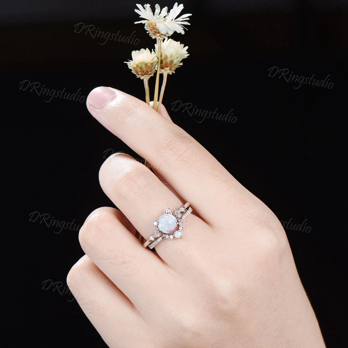 Dainty 14k Yellow Gold Cat Wedding Ring Kitten 1ct Round White Opal Engagament Ring Unique Fire Opal Flower Wedding Ring Gift For Daughter