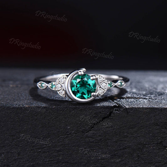 5mm Round Cut Emerald Engagement Ring Unique Celtic Knot Moissanite Ring Crescent Moon Green Emerald Wedding Ring May Birthstone Women Gifts