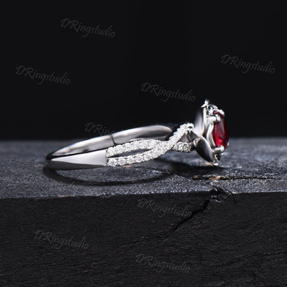 5mm Round Ruby Engagement Ring White Gold Twisted Shank Moissanite Wedding Ring Rose Flower Red Gemstone Ring July Birthstone Proposal Gift